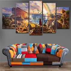 a living room scene with a couch and paintings on the wall, including an image of a