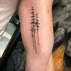 a person with a tattoo on their arm that has three trees in the same row