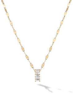 A quintet of baguette-cut diamonds anchors this contemporary linked necklace rendered in 14-karat gold. 16" length; 2" extender; 1/8"W x 1/4"L pendant Total diamond weight: 0.14ct. Color: G–H Clarity: SI 14k gold/diamond Imported >Diamond Guide Baguette Pendant, Baguette Diamond Necklace, Baguette Necklace, Diamond Guide, Baguette Cut Diamond, Baguette Cut, Diamond Pendant Necklace, Baguette Diamond, G H