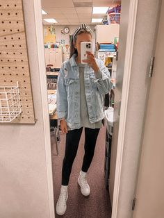 How To Style Jean Jacket Winter, Denim Jacket Over Dress Outfit, Jean Jacket Teacher Outfit, Teacher Outfits With Nike Sneakers, Teacher Aide Outfits Middle School, Over Sized Jean Jacket Outfits Fall, Teacher Outfit With Leggings, Headstart Teacher Outfits, Teacher Outfit No Jeans