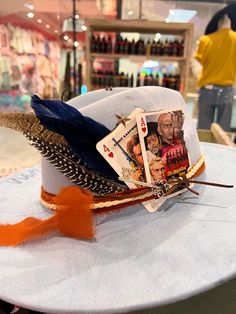 Lovely, powder-blue velveteen large-brimmed cap featuring a thunderbird and iconic western cards. Hat Bands Diy Ideas, Suede Hat, Blue Suede, Hat Band, Powder Blue, Hat Designs, Cowboy Hats, Playing Cards