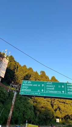 two green street signs hanging off the side of a road next to a lush green forest