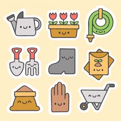 the stickers have different types of gardening items on them, including gloves, shovels and flowers