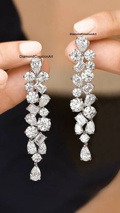 Multi-Shape Diamond Earrings, Moissanite Diamond Dangle Drop Earrings, 935 Argentium Silver Earrings, Screw Back Earrings, Gifts For Her Detail about stones Moissanite & Simulated Stone: ----------------------------- ➠Stone Shape : Pear, Emerald, Round ➠Stone Size : 6x4 MM, 4x3 MM, 4.50 MM ➠Weight: 7.6 TCW ➠Color: Colorless ➠Cut: Excellent ➠Clarity: VVS ✍This Listing's images are only for Imagin about this item. This is all our photography. If you place the order then the same item we can make i Luxury White Gold Drop Cluster Earrings, Luxury White Gold Pear-shaped Chandelier Earrings, Exquisite Diamond Cut Dangle Earrings, Brilliant Cut Dangle Linear Earrings For Wedding, Wedding Linear Dangle Earrings With Brilliant Cut, Unique Diamond Earrings, Long Diamond Earrings, Diamond Danglers, Real Diamond Earrings