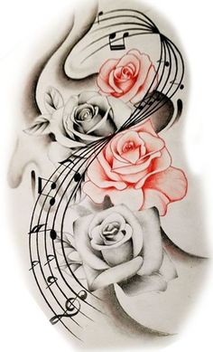 an artistic tattoo design with roses and music notes on the back of his arm,