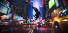 a man flying through the air while riding a skateboard in a city at night