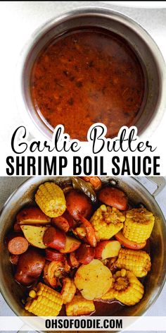 Text reads Garlic Butter Shrimp Boil Sauce Seafood Boil Butter Sauce Recipe, Garlic Butter Shrimp Boil, Seafood Boil Butter Sauce