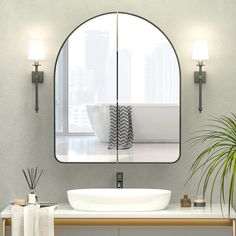 a bathroom with a sink, mirror and potted plant in front of the window