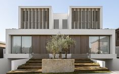 a house with stairs leading up to it and a tree in the front yard area