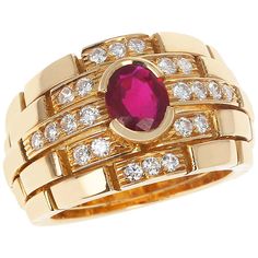 A rare Cartier "Maillon Panthere" Design Oval Ruby and Diamonds Ring made in 18 Karat Yellow Gold. Total Weight: 16.45 grams. Signed and Numbered. Ring Size US 6. Cartier Gold Ring, Oval Ruby Ring, Cartier Gold, Ruby Diamond Rings, Cartier Jewelry, Diamonds Ring, Cabochon Ring, Fine Jewels, Ruby Diamond