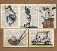 four pictures of different types of golf equipment on an old book page with wood background