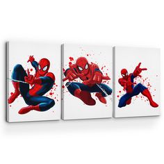 three spider - man paintings on white canvases