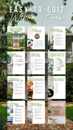 the easy way to edit welcome book is shown in green and white with palm trees