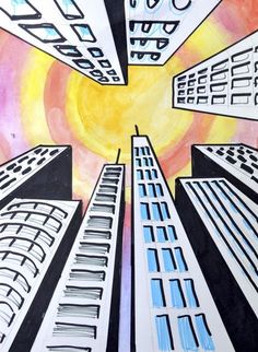 a drawing of some very tall buildings with the sun in the sky behind them on paper