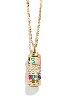 Personalize your stack with this initial-detailed necklace featuring a spinning pendant design. 24" length; 3" extender; 1/4"W x 1 1/8"L pendant Goldtone plate/glass/enamel Imported London Birthday, Jewelry Stack, Collage Pics, Acrylic Necklace, Letter Jewelry, Gold Digger, Detailed Necklace, Outfit Jewelry, Chinese Symbols