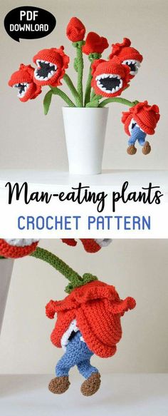 a crocheted plant with red flowers in it and the words man - eating plants written