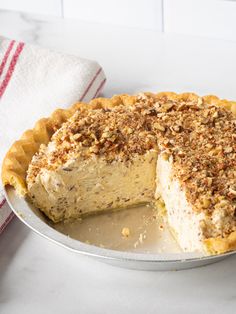 a pie sitting on top of a metal pan