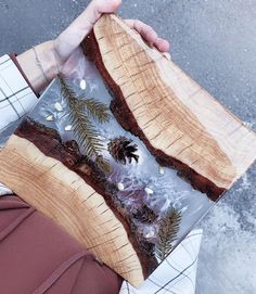 a person holding a piece of wood with pine cones and leaves on it in their hands