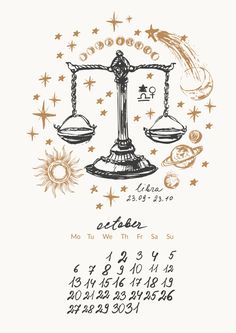 a calendar with an image of the zodiac sign and astrological symbols on it, as well as stars