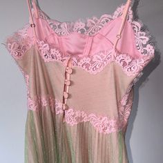 The Most Stunning Vintage 90s Lace Dress From Betsey Johnson! Beautiful Pastel Pink And Green Layers With Button Closures. In Very Good Used Condition. Hard To Let This One Go She’s A Beauty! Feminine Vintage Summer Party Dress, Feminine Vintage Dress For Summer Party, Feminine Summer Party Vintage Dress, Spring Vintage Feminine Dress For Party, Spring Party Vintage Dress In Feminine Style, Feminine Vintage Dress For Spring Party, Pink Mini Vintage Dress For Summer, Pink Mini Length Vintage Dress For Summer, Pink Lace Mini Dress For Garden Party