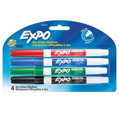 three eras markers and one eraser are shown in the package, with different colors