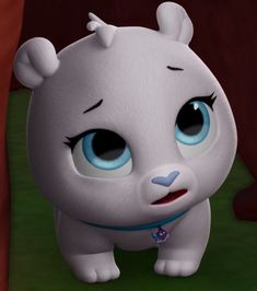 an animated white bear with blue eyes standing in front of a red wall and looking at the camera