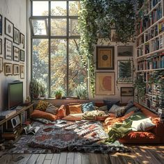 a living room filled with lots of furniture and bookshelves covered in plant life