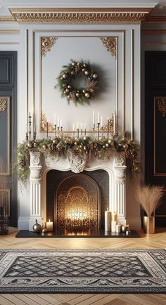 a decorated fireplace with candles and wreaths