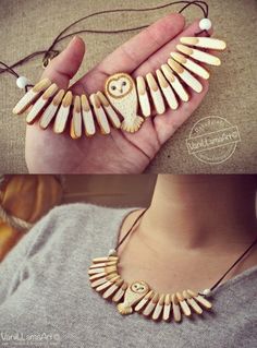 two pictures showing different types of necklaces in the same photo, one with an owl on it