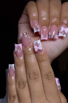 December Short Nails, Nail Ideas Butterflies, Bling Nail Ideas, Acrylic Nails Gems, Nail Ideas Dip Powder, Nails For Hoco, Birthday Nails Short, Pink Tip Nails