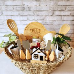 a wicker basket filled with kitchen utensils