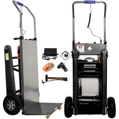 two hand trucks are shown with tools on the back and one is attached to the front