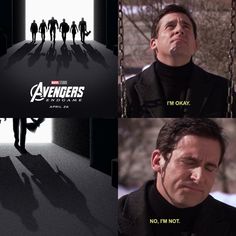 the avengers movie is shown in three different scenes, including one with an angry look on his face