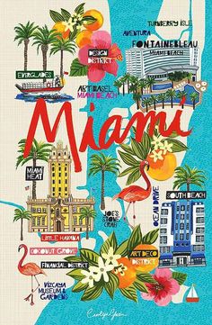 a map of the state of miami with buildings, palm trees and flamingos on it