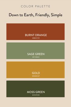 the color palette for burnt orange, burnt green, burnt yellow and moss green is shown