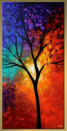 an abstract painting with a tree in the foreground and colorful sky in the background