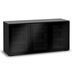 a black cabinet with three doors and shelves