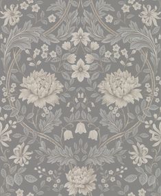 a gray and white wallpaper with flowers on it