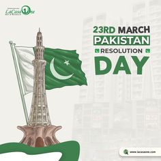 an advertisement for the 23rd march pakistan resolution day, with a green and white flag