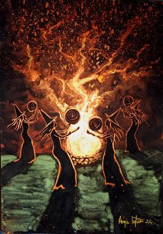 an image of three people dancing in front of a large fire with flames coming out of it