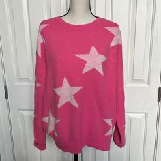 Nwt Size L Pink With White Stars Lightweight Sweater. Soo Soft And Stretchy! Dropped Shoulders. Oversized, Will Fit Xl. Length 26” Pit-Pit 25” See Fabric Description In Photo. Smoke And Pet Free Home. White Crew Neck Sweater With Star Print, Oversized Star Print Sweater, Sweater With Stars, Oversized Grey Sweater, Plaid Pullover, Leopard Sweater, Leopard Print Sweater, Star Sweater, Lace Sweater