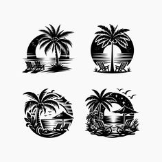 four black and white illustrations of palm trees, beach chairs, and the sun setting