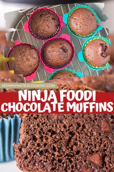 chocolate muffins with text overlay that reads ninja food chocolate muffins