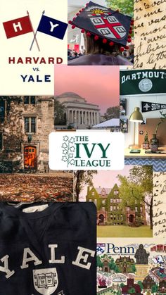 collage of many different images with names and symbols on them, including the ivy league