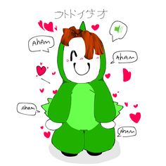 a drawing of a girl in a green outfit with hearts around her head and speech bubbles above her head