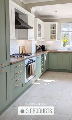 an image of a kitchen setting with green cabinets and white tile flooring on the walls