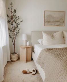 a bedroom with a bed, nightstand and plant in the corner