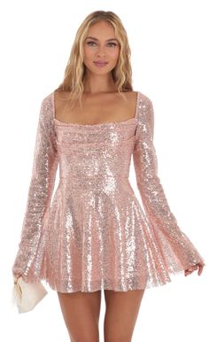 Skater Dresses, Vestidos Color Rosa, Long Sleeve Sequin Dress, Party Mini Dress, Sequin Dresses, Semi Formal Dress, Flare Mini Dress, Bodycon Fashion, Hoco Dresses