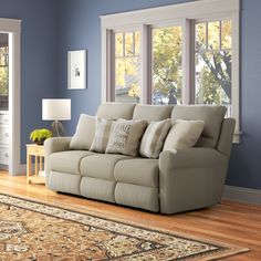 a living room scene with focus on the sofa and pillows in front of the windows