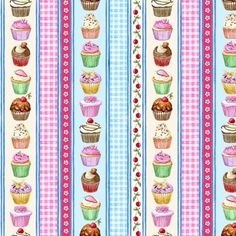 a striped wallpaper with cupcakes on it